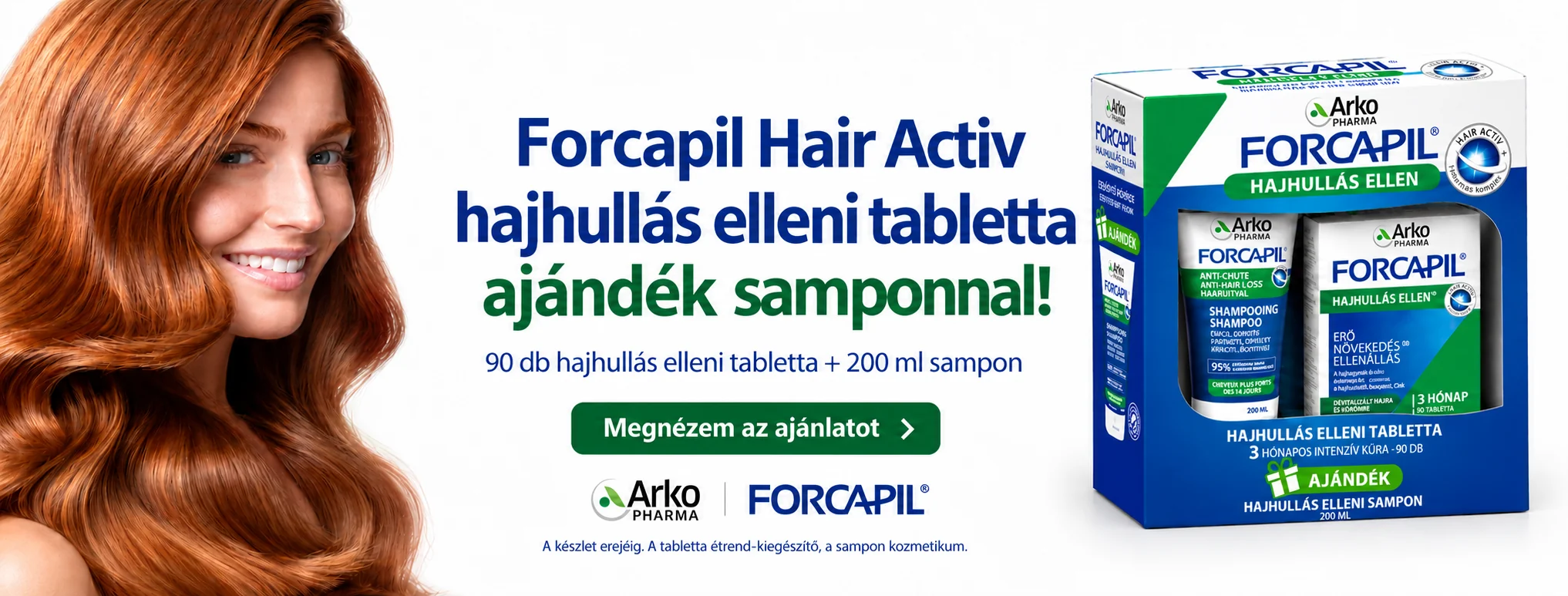 Forcapil Hair Activ hajhullás elleni tabletta ajándék samponnal, 90 db tabletta + 200 ml sampon